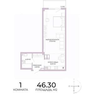 1-к квартира, строящийся дом, 46м2, 8/17 этаж