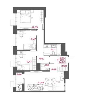 3-к квартира, вторичка, 74м2, 8/14 этаж