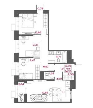 3-к квартира, вторичка, 75м2, 3/14 этаж