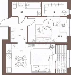 1-к квартира, вторичка, 46м2, 10/16 этаж