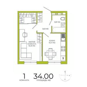 1-к квартира, строящийся дом, 34м2, 4/18 этаж