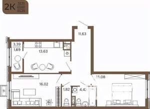 2-к квартира, вторичка, 65м2, 8/17 этаж