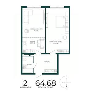 2-к квартира, вторичка, 65м2, 12/17 этаж