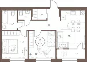 2-к квартира, вторичка, 62м2, 2/16 этаж