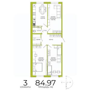 3-к квартира, строящийся дом, 85м2, 13/18 этаж