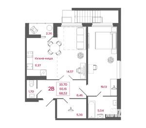 2-к квартира, вторичка, 69м2, 1/17 этаж