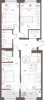 3-к квартира, вторичка, 86м2, 3/16 этаж