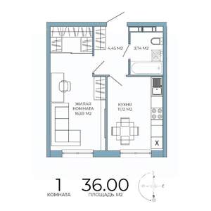 1-к квартира, строящийся дом, 36м2, 17/18 этаж