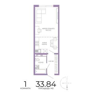 1-к квартира, строящийся дом, 34м2, 6/17 этаж