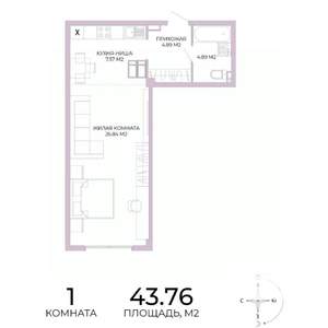 1-к квартира, строящийся дом, 44м2, 5/17 этаж