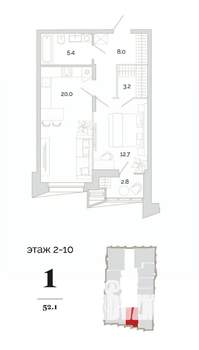 1-к квартира, вторичка, 52м2, 1/24 этаж