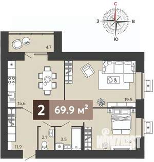 2-к квартира, вторичка, 70м2, 3/17 этаж