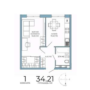 1-к квартира, строящийся дом, 34м2, 14/18 этаж
