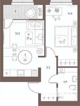 1-к квартира, вторичка, 44м2, 1/16 этаж