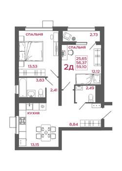 2-к квартира, вторичка, 59м2, 18/22 этаж