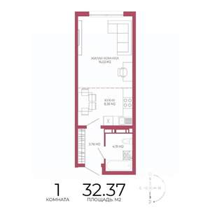 1-к квартира, строящийся дом, 32м2, 9/18 этаж