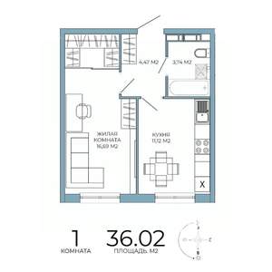 1-к квартира, строящийся дом, 36м2, 8/18 этаж