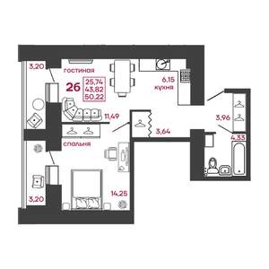 2-к квартира, вторичка, 50м2, 2/17 этаж