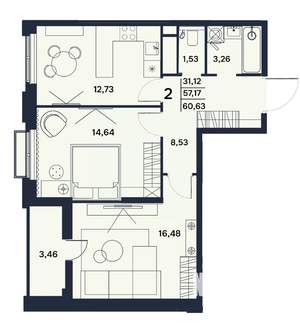 2-к квартира, вторичка, 61м2, 17/17 этаж