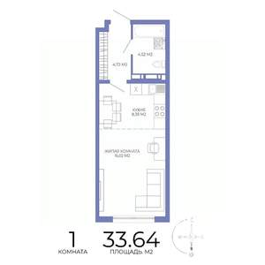 1-к квартира, строящийся дом, 34м2, 15/17 этаж