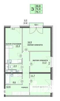 3-к квартира, строящийся дом, 75м2, 11/18 этаж