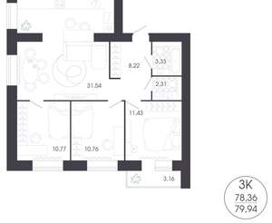 3-к квартира, строящийся дом, 80м2, 7/16 этаж