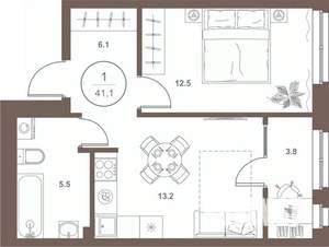 1-к квартира, вторичка, 41м2, 2/16 этаж