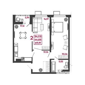 2-к квартира, вторичка, 69м2, 1/17 этаж