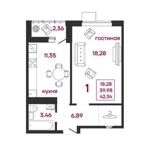 1-к квартира, вторичка, 42м2, 17/17 этаж