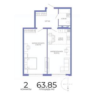 2-к квартира, строящийся дом, 64м2, 7/17 этаж