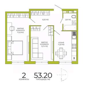 2-к квартира, строящийся дом, 53м2, 6/18 этаж