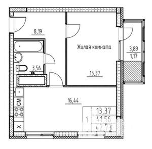 1-к квартира, вторичка, 43м2, 8/10 этаж