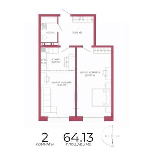 2-к квартира, строящийся дом, 64м2, 2/18 этаж