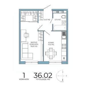 1-к квартира, строящийся дом, 36м2, 11/18 этаж