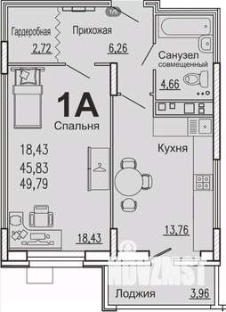 1-к квартира, вторичка, 50м2, 7/15 этаж