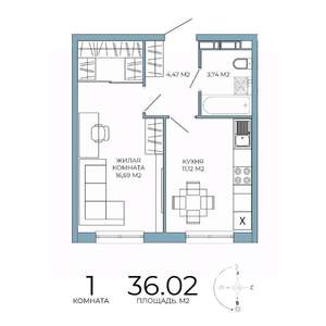 1-к квартира, строящийся дом, 36м2, 10/18 этаж