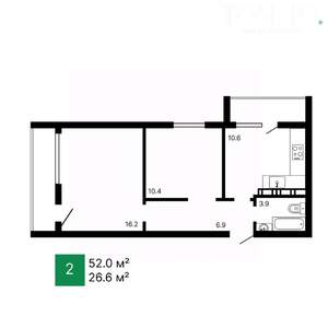 2-к квартира, вторичка, 52м2, 3/16 этаж