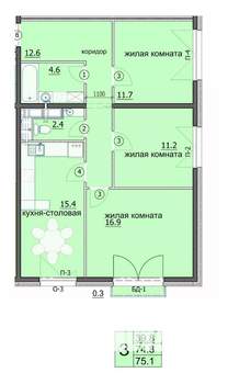 3-к квартира, строящийся дом, 75м2, 16/18 этаж
