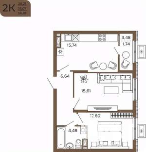 2-к квартира, вторичка, 57м2, 7/17 этаж