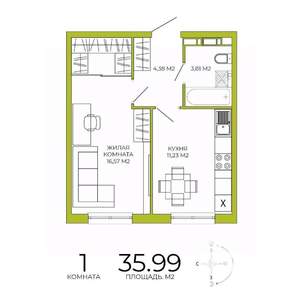 1-к квартира, строящийся дом, 36м2, 11/18 этаж