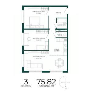 3-к квартира, строящийся дом, 76м2, 16/17 этаж
