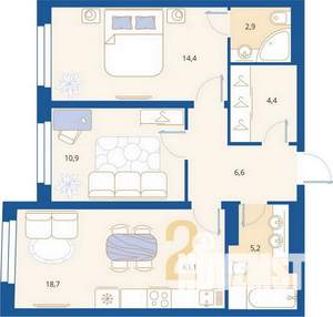 2-к квартира, вторичка, 63м2, 2/16 этаж