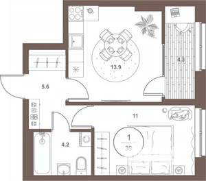 1-к квартира, вторичка, 39м2, 7/16 этаж