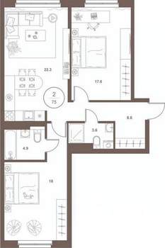 2-к квартира, вторичка, 74м2, 6/16 этаж