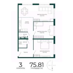3-к квартира, строящийся дом, 76м2, 11/17 этаж