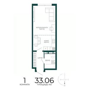 1-к квартира, строящийся дом, 33м2, 9/17 этаж