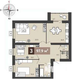 3-к квартира, вторичка, 98м2, 15/17 этаж