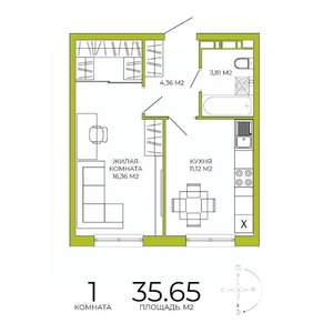 1-к квартира, строящийся дом, 36м2, 4/18 этаж
