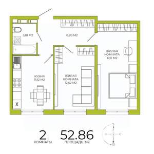 2-к квартира, строящийся дом, 53м2, 4/18 этаж