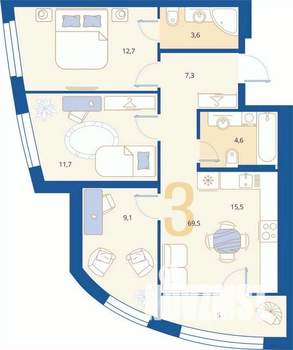 3-к квартира, вторичка, 70м2, 2/16 этаж